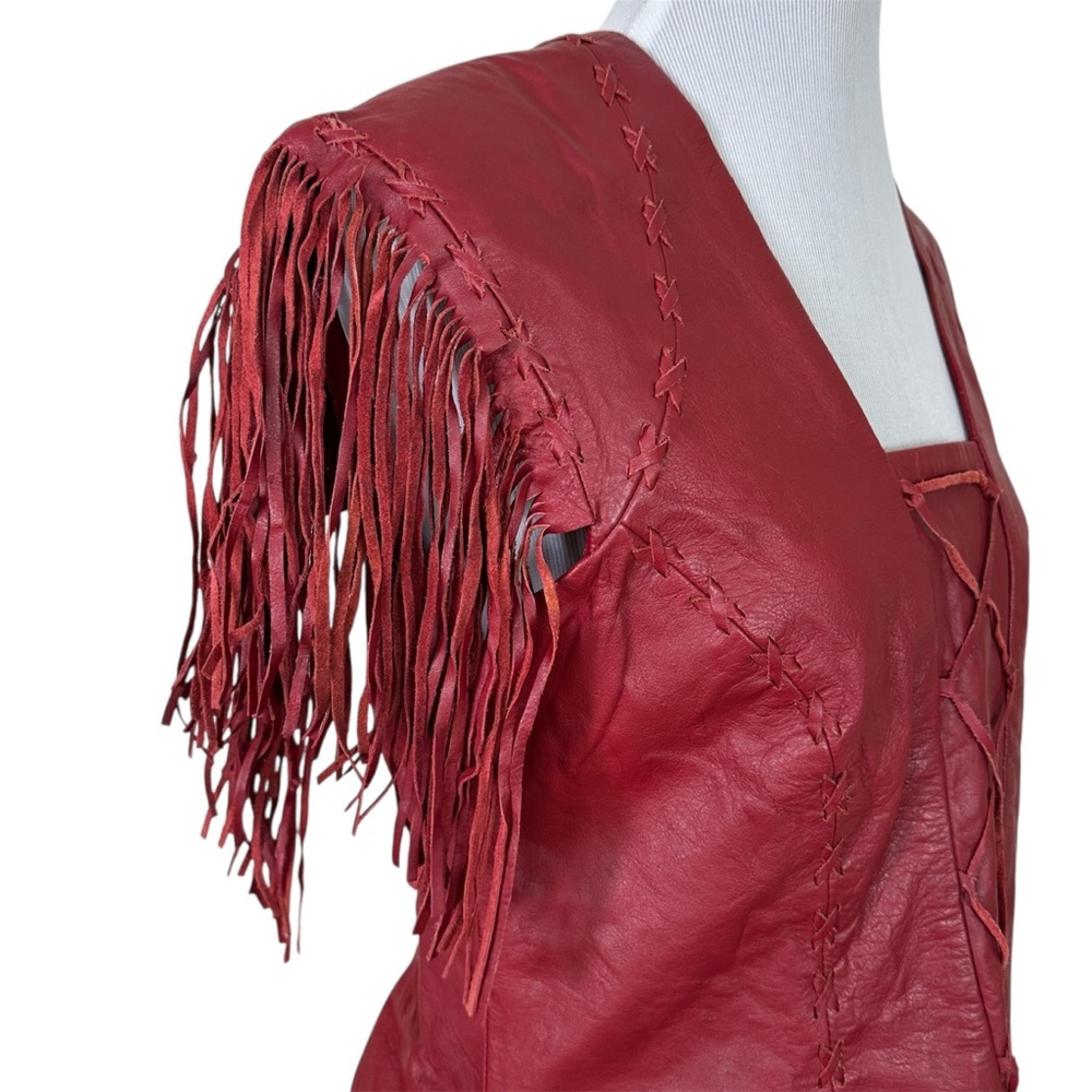 REBEL SPIRIT Red Leather Top Fringe Sleeves Size XL - Picture 3 of 7